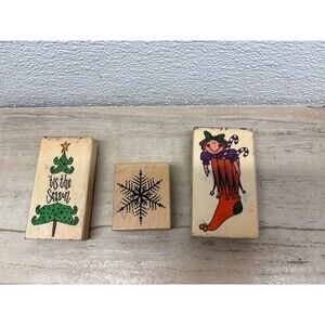 Set Of 3 Christmas Themed Wood Mounted Rubber Stamps